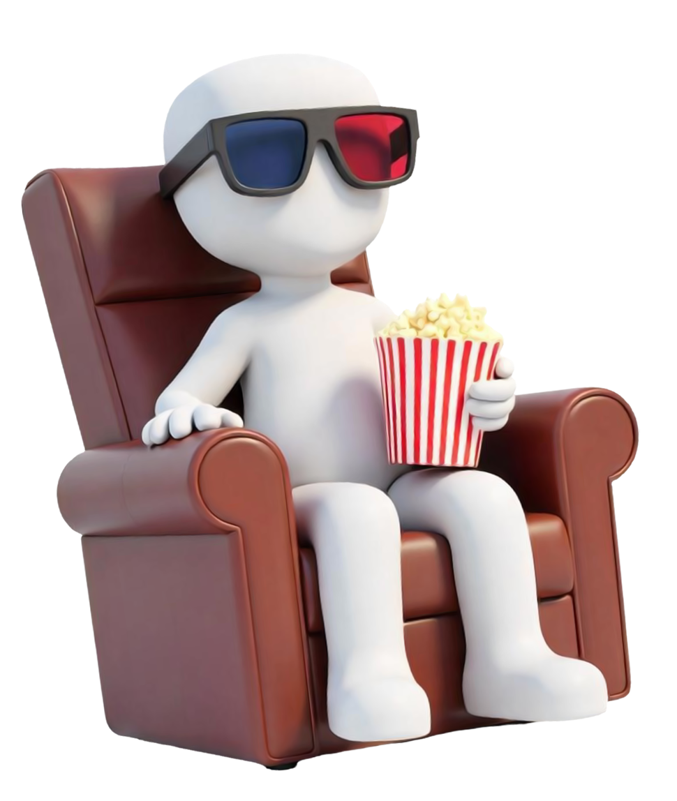 3D Character in chair with popcorn